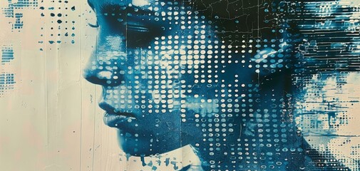 Cyberpunk themed minimalist print style collage poster, woman profile overlaid with blue digital pixels, fusion of traditional and digital art.