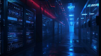 Poster - Abstract technology background of a server room with blue and red lights
