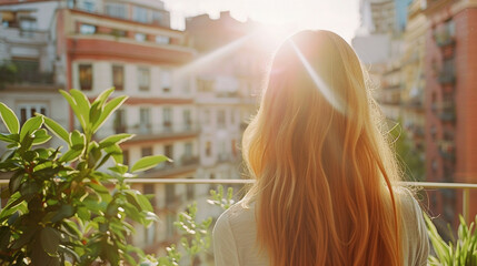 Wall Mural - A woman with long red hair is sitting on a balcony looking out at the city