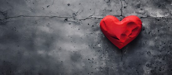 Poster - The image depicts a red heart shape on a cement background with ample copy space surrounding it