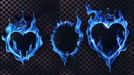 Poster - The blue burn hole frame has crowns and hearts. Black ash and circles of flame isolated on transparent background. Love fiery modern border template with realistic burning effect.