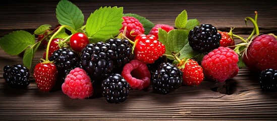 Wall Mural - Berries that are ripe and sweet are displayed on a wooden background providing ample copy space for additional text or images