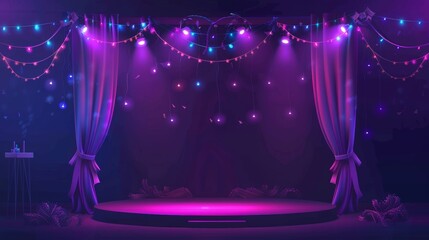 Canvas Print - Theater podium for dance competition television show backdrop. Dark music performance platform with garland and neon lights. Drapery on concert fabric. Cartoon circus stage night arena with curtain.