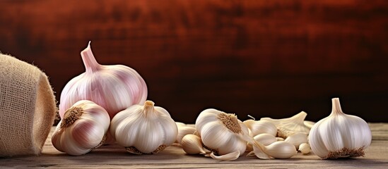 Poster - Garlic on a plate Fresh garlic on a wooden background Top view Copy space
