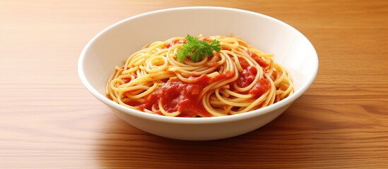 Poster - Spaghetti with tomato sauce in a white dish on wooden floor background and have copy space in concept of eating good food is health care