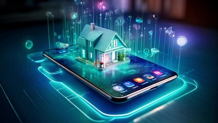 Real estate application concept on mobile phone screen. Smartphone with house on display. App for online searching, buying, selling or booking property. Mortgage, home loan