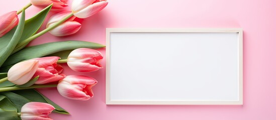 Wall Mural - Happy Women s Day Mother s Day concept top view flat lay Tulip flower and photo frame on pink background copy space for your text