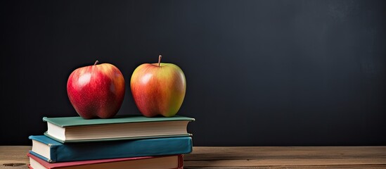 Poster - Three books with different colored covers lie on a wooden surface in front of a blackboard with an apple concept for education and school with place for text or other elements. copy space available