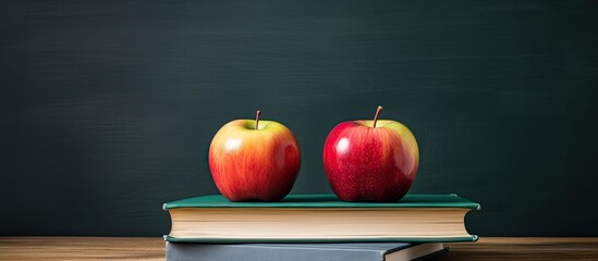 Poster - Three books with different colored covers lie on a wooden surface in front of a blackboard with an apple concept for education and school with place for text or other elements. copy space available