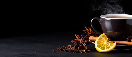 Poster - Anise and cinnamon sticks with a cup of tea on a dark background. copy space available