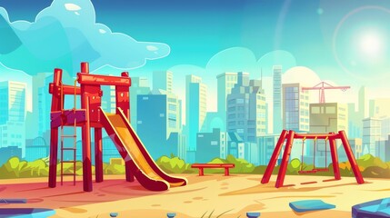 Wall Mural - A playground park in kindergarten with a cartoon summer landscape background. Children are playing on the play ground in a public area with a cityscape backdrop.