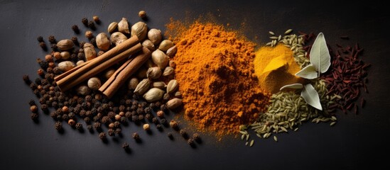 Aufkleber - Spices such as ground turmeric curcuma root cinnamon ginger and black pepper are arranged on a grey background to create a visually appealing copy space image representing the ingredients for a turme