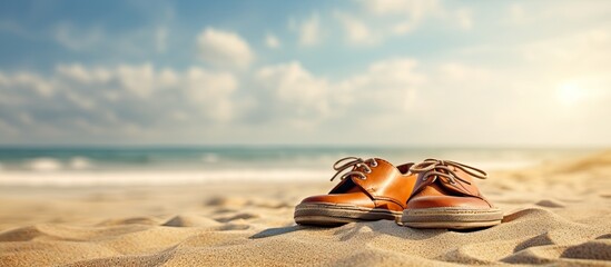 Wall Mural - Summer background of beach and shoes on sand Free space for your decoration. copy space available