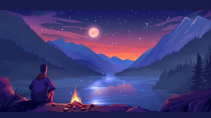 Wall Mural - In a forest with a mountain backdrop, a man sits and has a campfire near a pond sitting to keep warm. Foreground has a full moon over the pond with stars above. Cartoon illustration showing a lost