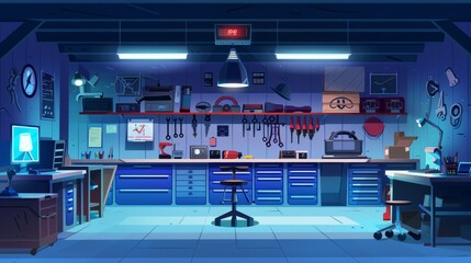 Wall Mural - Storage room for tools in a garage. Cartoon illustration of basement furniture. Modern storeroom for a repair car with mechanic equipment and a board. Underground office for inventory.