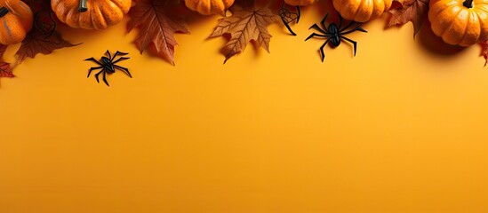 Aufkleber - Pumpkins spiders and leaves on a yellow background Happy Halloween Space for copying Flat position top view