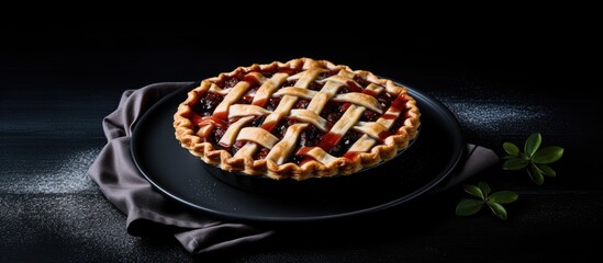 Poster - Vegan food Homemade pie in black plate on white table Copy space concept