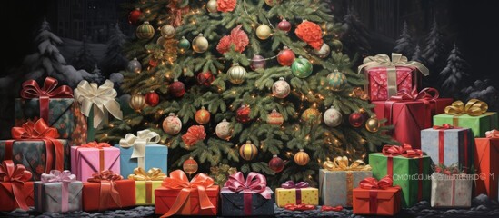 Poster - Multicolored gifts under the Christmas tree photo close up New Year s Eve multicolored gifts red and gray and black. copy space available