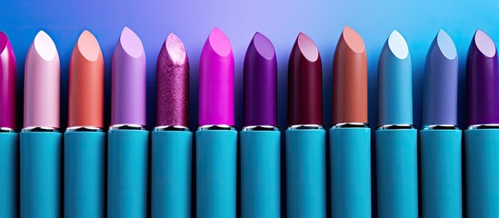 Aufkleber - Set of light blue lipsticks isolated on purple color background Colorful Tones Lipstick tints palette Makeup and Beauty Beautiful Make up concept lipgloss. copy space available