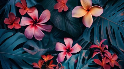 Vibrant and lush tropical floral background with exotic frangipani and monstera flowers for summer wallpaper and natural decoration