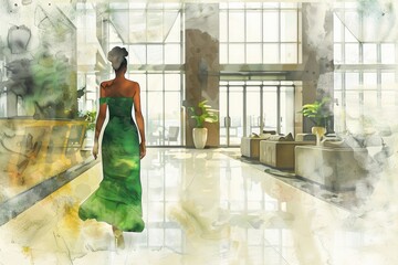 Wall Mural - A beautiful painting of a woman in a green dress. Perfect for art and fashion projects