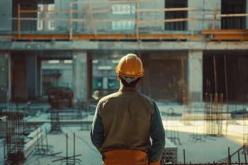 Wall Mural - Construction supervisor overlooking site at sunset