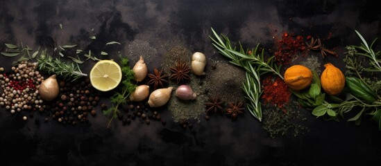 Poster - Herbs and spices over black stone background Top view with copy space