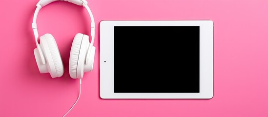 Aufkleber - Headphones white tablet on a pink background with copy space top view