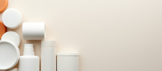 Poster - Group of plastic bodycare bottle Flat lay composition with cosmetic products on colored background empty space for you design Set of White Cosmetic containers top view with copy space