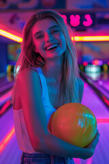 Cheerful young person having fun while playing bowling with glowing bowling ball. Active leisure for young adults.