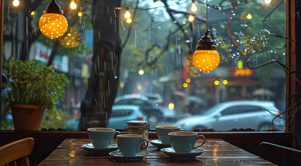 Aufkleber - A cozy cafe with warm lighting, coffee cups on a table, view from an outside window, a rainy day outside, trees in the background, street lights hanging outside. Generative AI.
