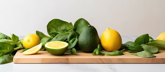 Poster - Healthy foods cooking and vegetarian concept fresh spinach leaves lemon apples avocado on cutting board. copy space available
