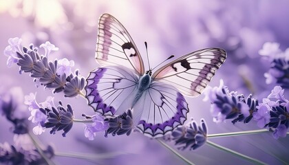 Wall Mural -  A delicate butterfly with intricately patterned wings resting on a sprig of lavender. 