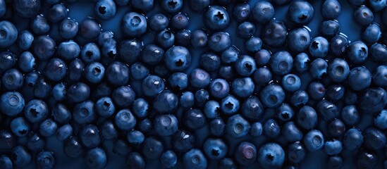 Poster - Fresh berries blueberry on blue background Colorful fruit pattern of blueberries as background Creative berries concept Flat lay top view copy space