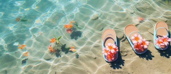 Wall Mural - Summer flip flops and water background. copy space available