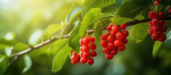 Poster - A copy space image featuring curry berries a type of fruit with a vibrant green leafy background