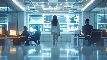 Poster - A modern well lit office environment with a diverse team of professionals engaging in an audit meeting. Generative AI.