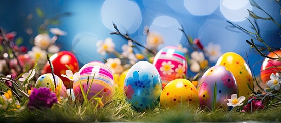 Poster - Easter background with eggs ribbons and spring decoration. copy space available