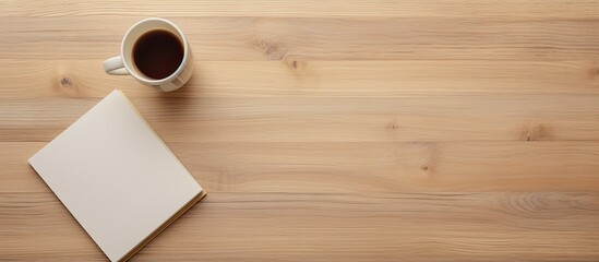Aufkleber - A top down view of a light wooden table with a blank open notebook school supplies and room to add text or images. copy space available