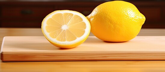 Poster - Lemon is sliced on a wooden cutting board on a white background isolated with copy space