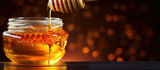 Poster - Jar with golden honey and dipper closeup. copy space available