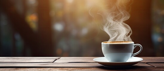 Poster - Closeup image of hot coffee cup on vintage wooden table in cafe. copy space available
