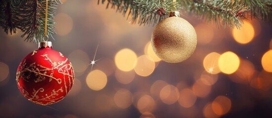Aufkleber - Christmas tree with decoration close up Christmas bauble on a branch Horizontal bright banner with copy space