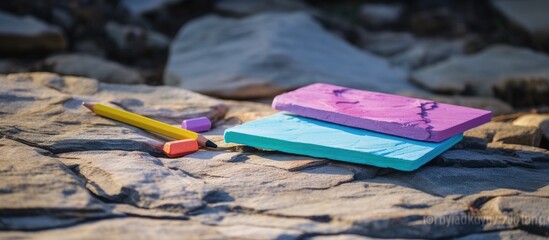 Poster - Close up artwork for the designer A blank notepad for drawing pastel on which lay an artistic pastel crayons color chalks of purple green blue and yellow lies on a rock in nature outdoors The