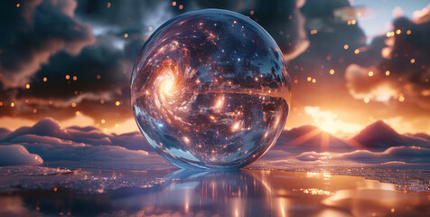 Poster - 3D render of In the silence of the cosmos, crystal ball echoes with the whispers of the stars. Generative AI.