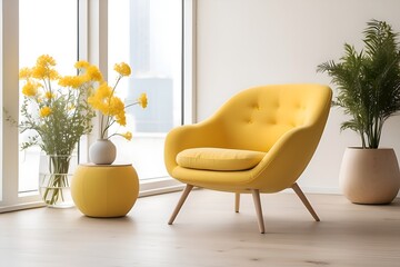 yellow armchair and flowers in a interior