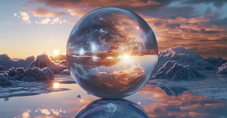 Poster - 3D render of In the silence of the cosmos, crystal ball echoes with the whispers of the stars. Generative AI.