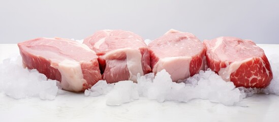 Poster - fresh bio raw meat organic cut pork on white stone table side view three pieces. copy space available