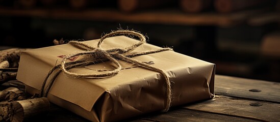 Poster - Gift being wrapped in craft paper and secured with twine creating a visually appealing presentation with a rustic aesthetic ideal for use in advertisements or promotions. copy space available