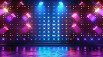 Poster - A board wall stage with a glow tv pixel texture pattern. A digital television technology lcd projection studio for cinema performances or discos.